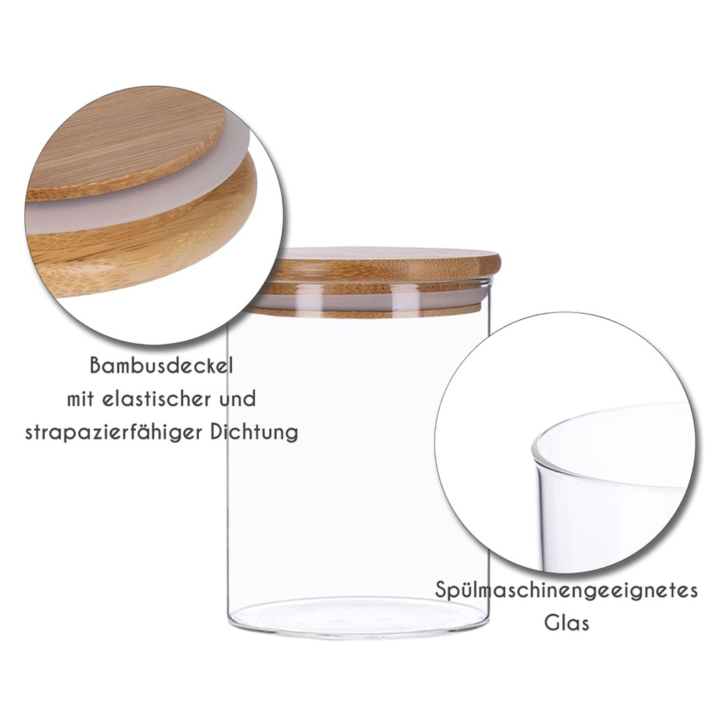 Vorratsglas Bambus- Deckel, luftdichte Vorratsdose Glas 8 Gren 350 - 2200  ml | eBay
