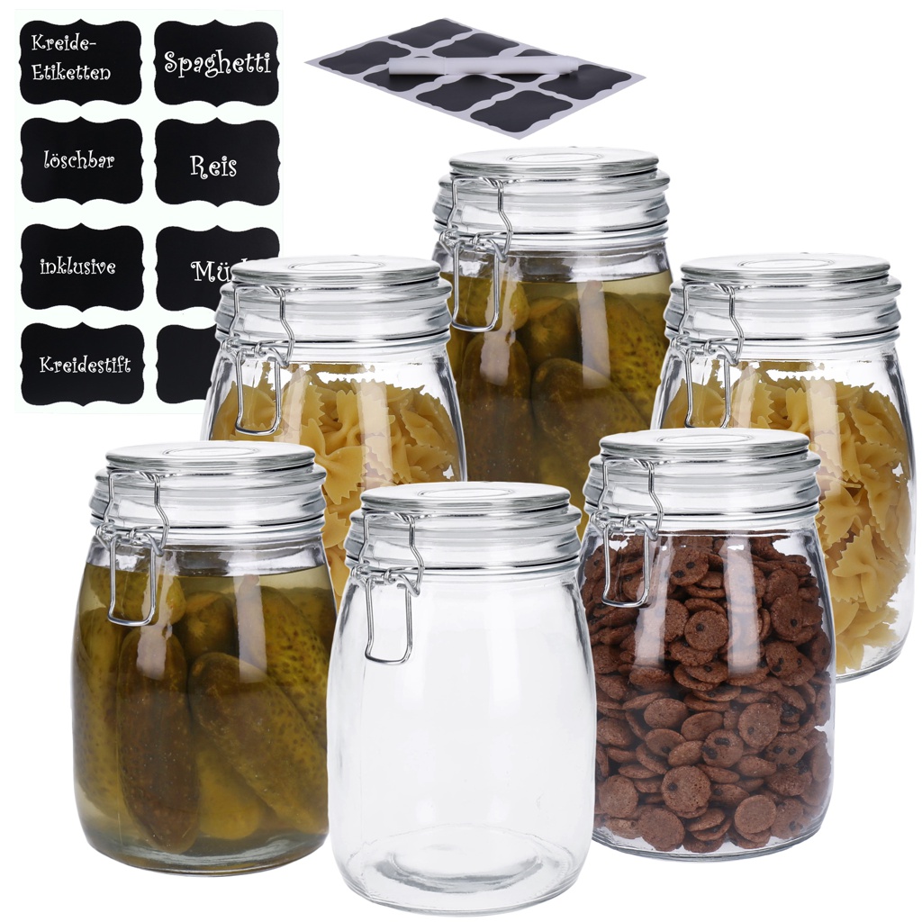 6er Set Vorratsglas mit Bügelverschluss und 8 Kreidetafel- Sticker (6 x 1000ml)-1
